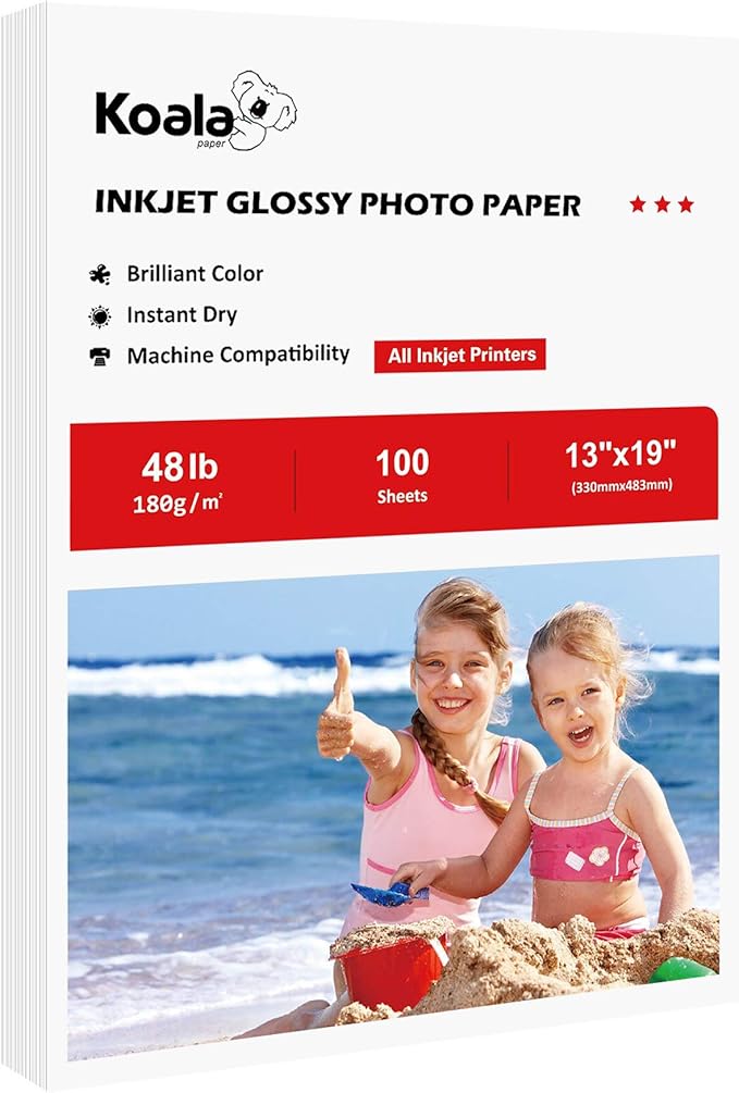 Koala Glossy Inkjet Photo Paper 13X19 Inches 48lb 100 Sheets Professional Glossy Photographic Paper Compatible with Inkjet Printer Use DYE INK 180GSM