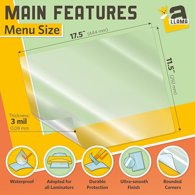 Thermal Laminating Pouches, 11.5 x 17.5 Inches, 3 Mil Thick, 20 Pack, Suited for Menu Size Laminating Sheets 11 x 17