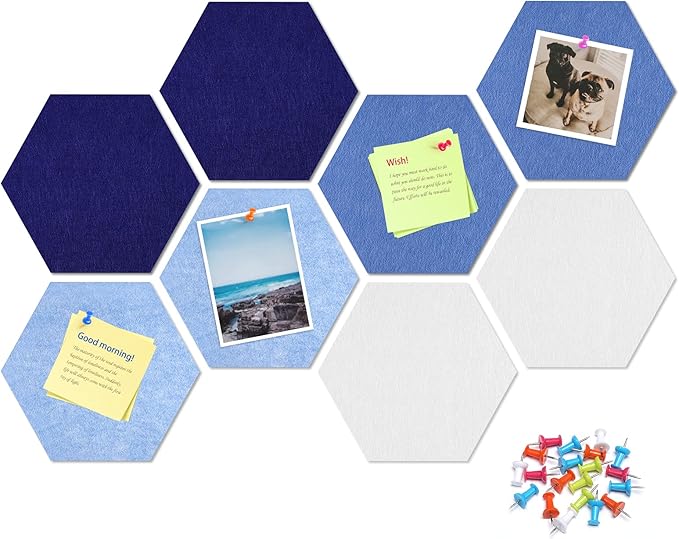 12" Large Bulletin Board with 30 Push Pins, Pack of 8 Hexagon Felt Pin Board Notice Boards for Home Office Kitchen, Felt Wall Tiles for Photos Memos