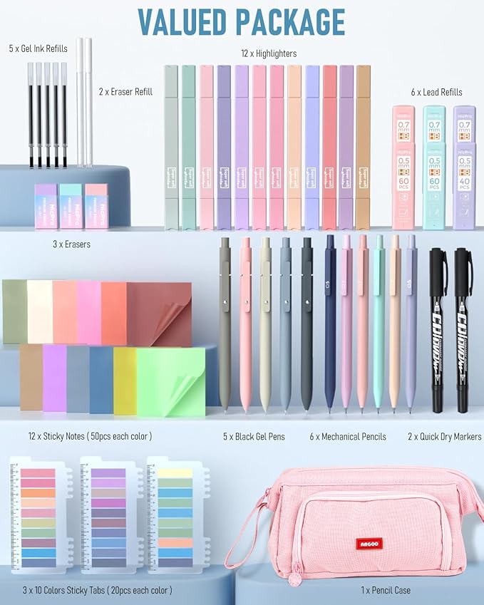 Nicpro 84 PCS Aesthetic Book Annotation Kit with Pen Case, 12 Dual Highlighters, 5 Gel Pens, 6 Mechanical Pencil, 2 Markers 1200PCS Transparent Sticky Notes and Tabs for Bible Study Student Stationary