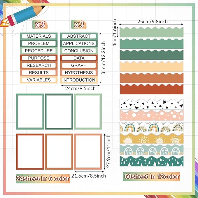 90 Pcs Science Fair Board Supplies 60 Trim Scalloped Bulletin Board Borders 24 Presentation Board Subtitles 6 Science Fair Titles for Classroom Display Boards(Geen Boho)
