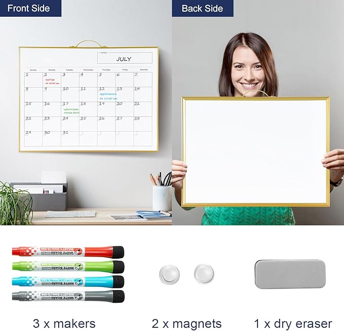 TSJ OFFICE White Board Calendar - 12 X 16 Inches Magnetic Dry Erase Board Monthly Calendar, Double Sided Writing Tablets with a Handle, to Do List Notepad for Office, Home, School, Gold Aluminum Frame