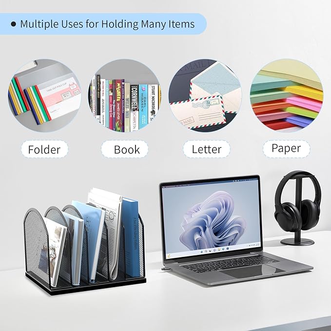 5-Section Vertical Desktop Organizer, 5-Section Mesh File Folder Stand Sorter for Office Home Classroom Organization
