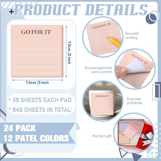 Yinder 24 Pcs Inspirational Sticky Notes with Lines Cute Motivational Sticky Notes Pad Employee Appreciation Gifts Bulk for Teacher Nurse Coworkers Office Supplies 3 x 3''(Aesthetics,Motivational)