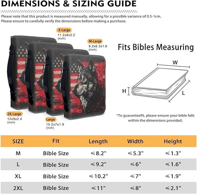 Lotusorchid American Flag Wolf Bible Bags, Faux Leather Bible Covers with Handle Pockets for Women, Portable Sturdy Bible Bag for Men, Christian Bible Study Accessories, Black and Red, M