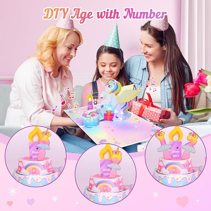 Birthday Card with Light&Music,Unicorn 3D Pop up Greeting Cards with Blowable Candle Birthday Gifts for Women Girls Daughter Sister Kids-With 0-9 DIY Number