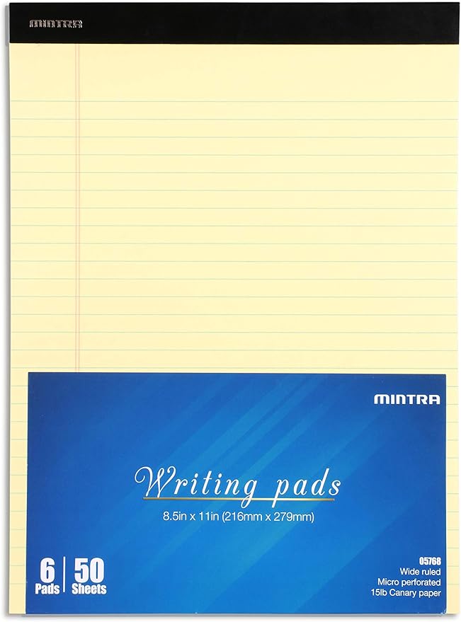 Mintra Office Legal Pads - ((BASIC CANARY 6pk, 8.5in x 11in, WIDE RULED)) - 50 Sheets per Notepad, Micro perforated, Yellow Writing Pad, Notebook Paper for School, College, Office, Business
