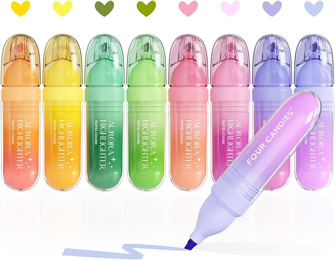 Four Candies 8 Pcs Highlighters Assorted Colors, Cute Pastel Highlighter Set, Dry Quickly, Soft Chisel Tip, Assorted Colors Bible Highlighter for No Bleed, Aesthetic Highlighters for School, Office