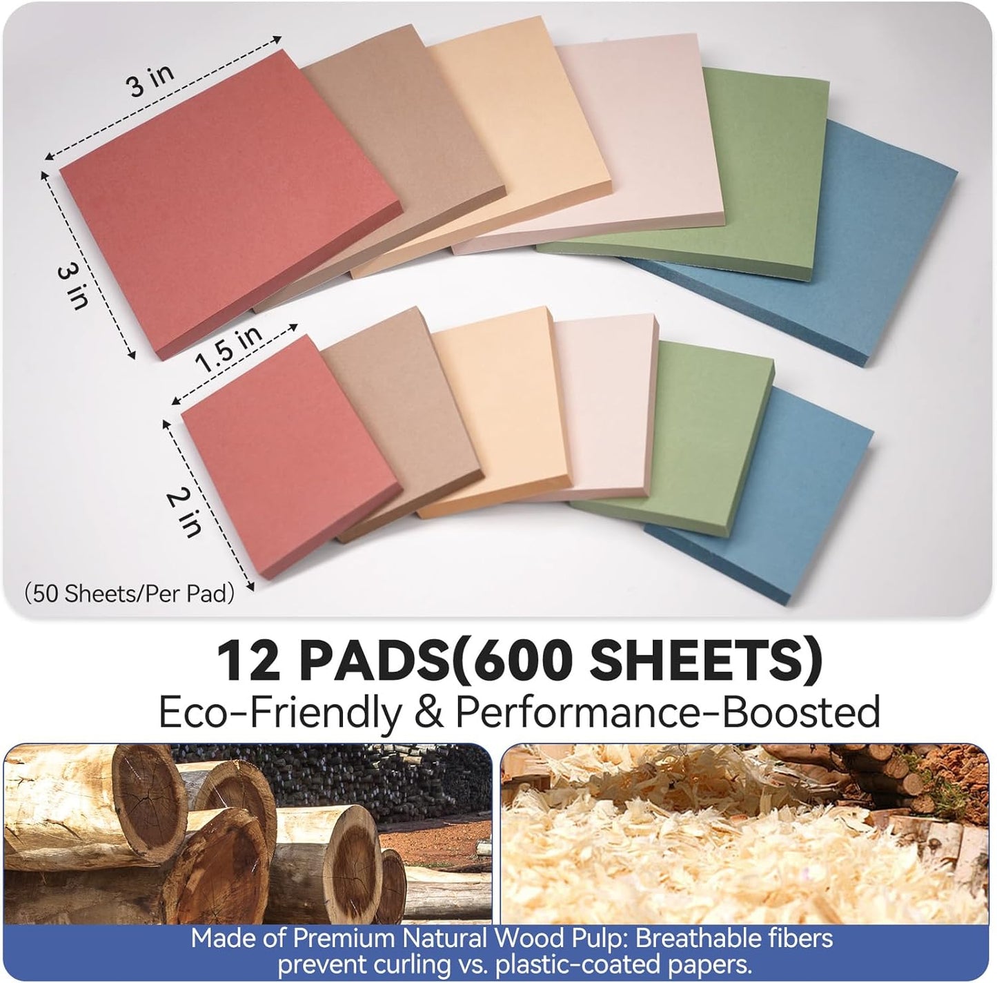 Sticky Notes 3x3in + 2x1.5in Small Sticky Note, 12 Pack 6 Colors Self-Sticky Note Pads | Sticks Strong & Removes Clean | Recycled Paper Cute Sticky Notes to School Supplies, Office Products