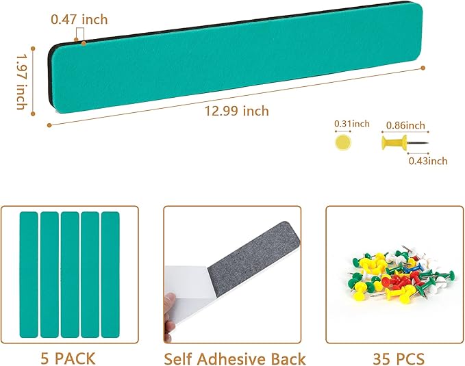 Felt Pin Board Bar Strips Bulletin Board for Bedrooms Offices Home Wall Decoration, Notice Board Self Adhesive Cork Board with 35 Push Pins for Paste Notes, Photos, Schedules