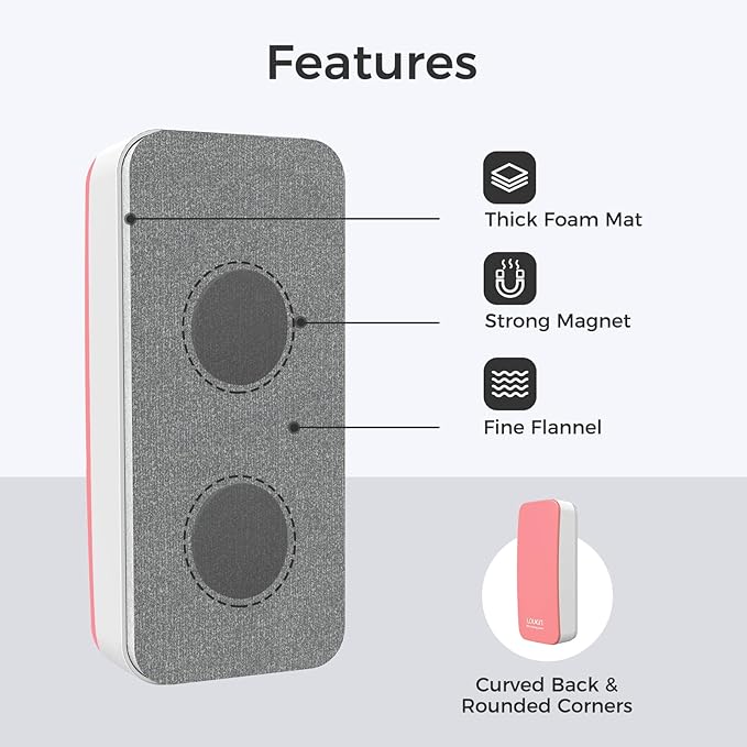 LOUKIN Magnetic Dry Erase Eraser, Whiteboard Eraser, Glass Board Eraser(Pink), One Bottle of 3.4 fl oz Whiteboard Cleaner Included, for Classroom, Home and Office