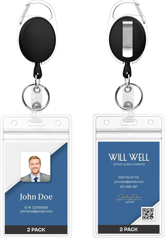 Will Well ID Badge Holders with Clip and Keyring - Vertical Clear Plastic 2.52" x 3.58" Sleeves Fit Up to 3 Cards - Retractable 24" UHMWPE Fiber Pull Cords for Easy Access - 2-Pack, Black Reels