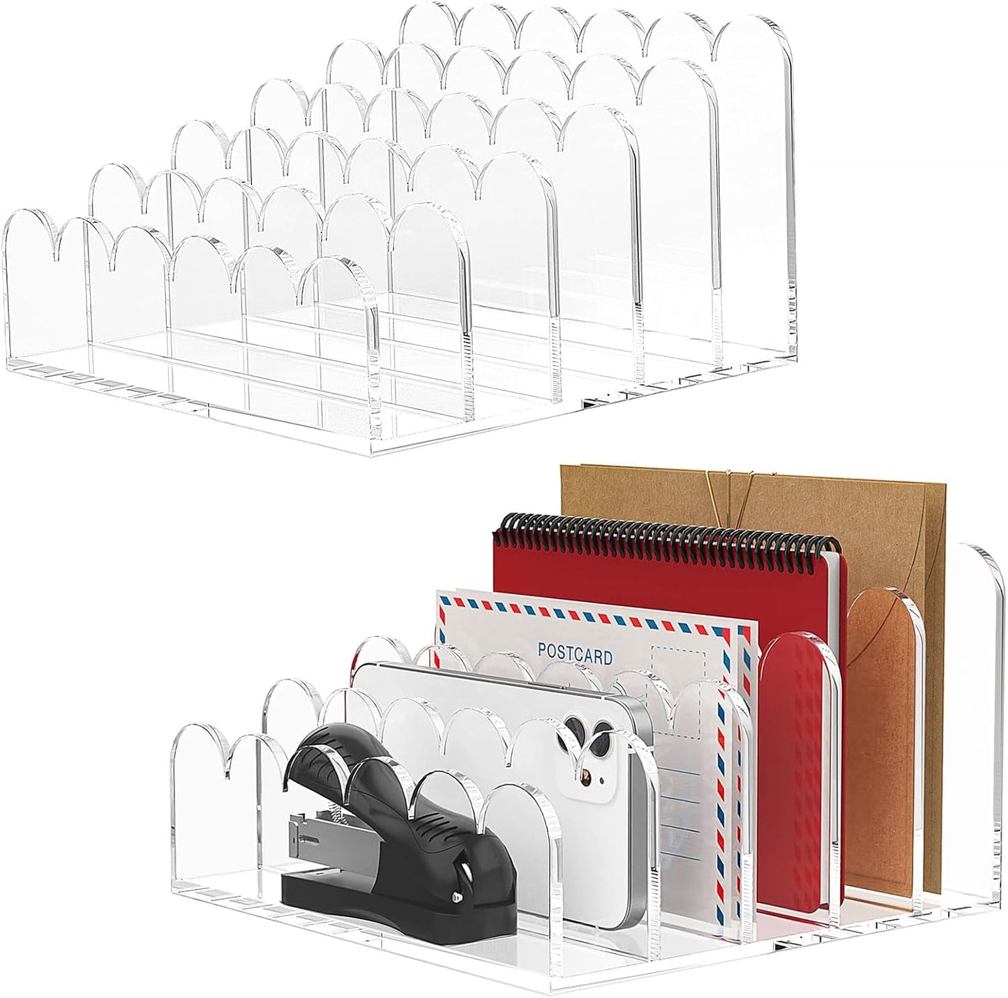 YAGELI 2 Pack 5-Slot Acrylic Mail Organizer for Desktop – Scalloped Clear Document Sorter, Vertical File Holder for Office/Home, Space-Saving Desk Organizer for Letters, Bills, Stationery