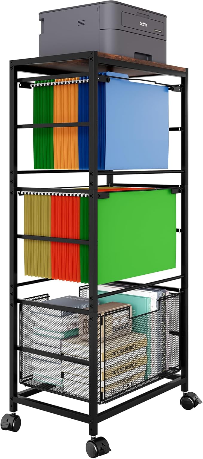 EasyPAG Hanging File Folder Organizer Rolling Cart on Wheels 2 Letter/Legal Size Mobile Hanging File Folder Frame with 1 Pull-Out Drawer for Home Office, Black