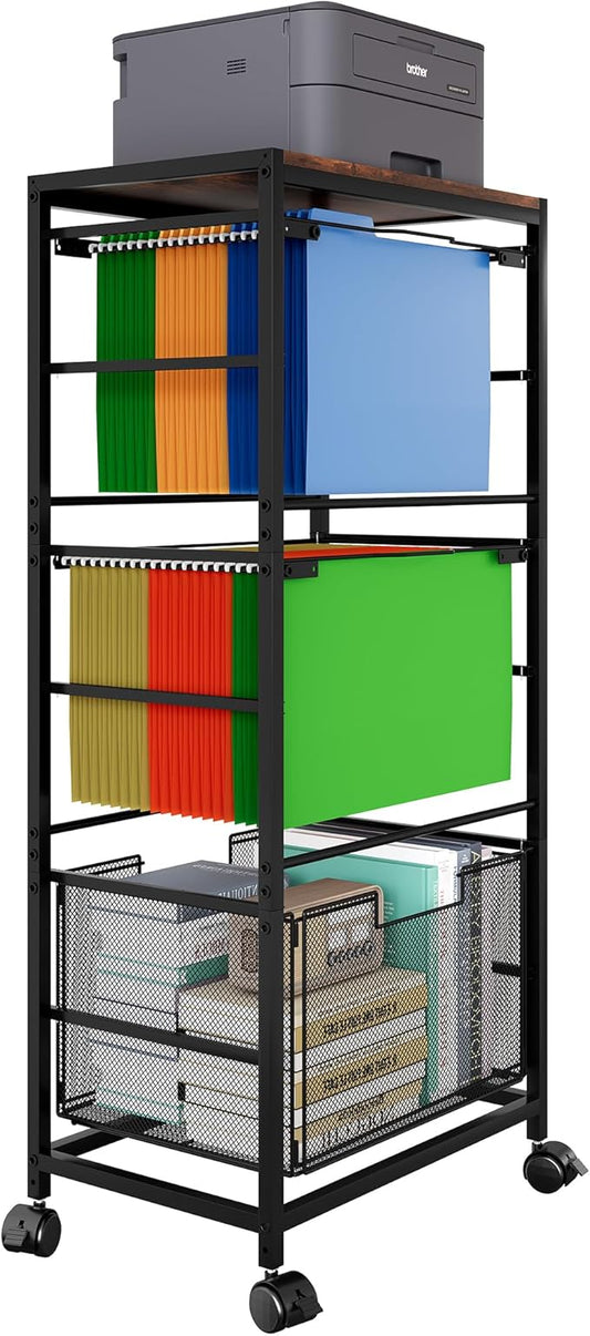 EasyPAG Hanging File Folder Organizer Rolling Cart on Wheels 2 Letter/Legal Size Mobile Hanging File Folder Frame with 1 Pull-Out Drawer for Home Office, Black