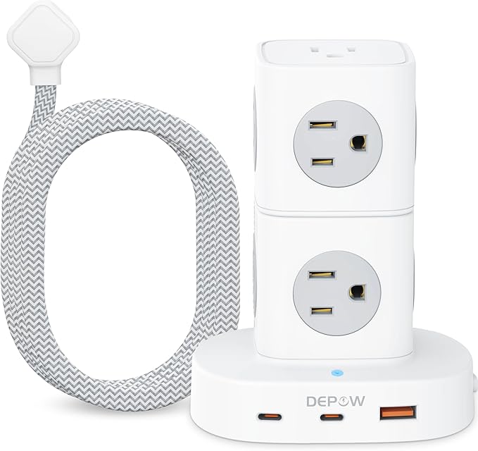 Power Strip Tower Surge Protector with 9 Outlets 3 USB (2 USB C), 5Ft Braided Extension Cord with Multiple Outlets, 1700J Surge Protection, Detachable Charging Station for Home Office Dorm