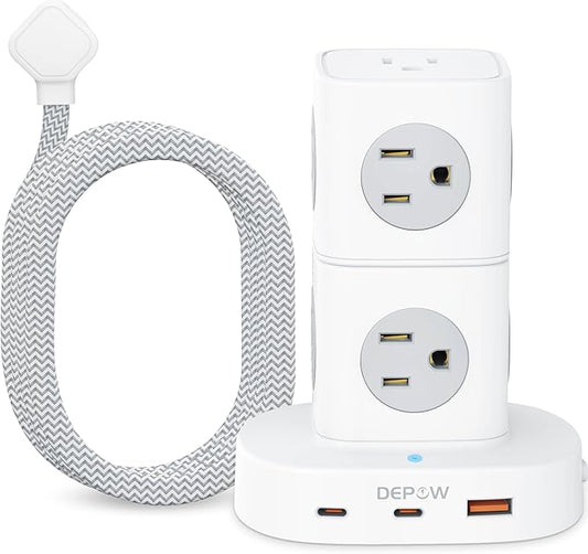 Power Strip Tower Surge Protector with 9 Outlets 3 USB (2 USB C), 5Ft Braided Extension Cord with Multiple Outlets, 1700J Surge Protection, Detachable Charging Station for Home Office Dorm