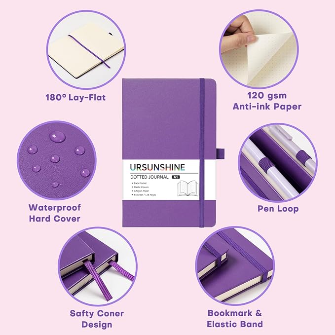 Dotted Journal/Notebook - Dot Grid Hard Cover Notebook, Premium Thick Paper with Fine Inner Pocket, Black Smooth Faux Leather, Pen Loop, 5.3'' x 8.26'' - Lavender