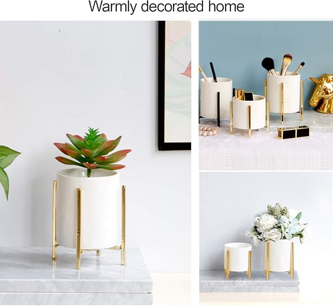 Pencil Holders & Pen Holders Gold Desk Accessories for Women Strong Metal and Ceramic Pen cup(High5.5'' x wide3.8'')