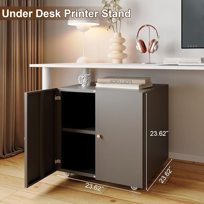 Printer Stands with Storage, Desk Organizers for Home Workspace, Under Desk Black Small Rolling Printer Table Work Cart with Wheels Organizer Spaces for Office