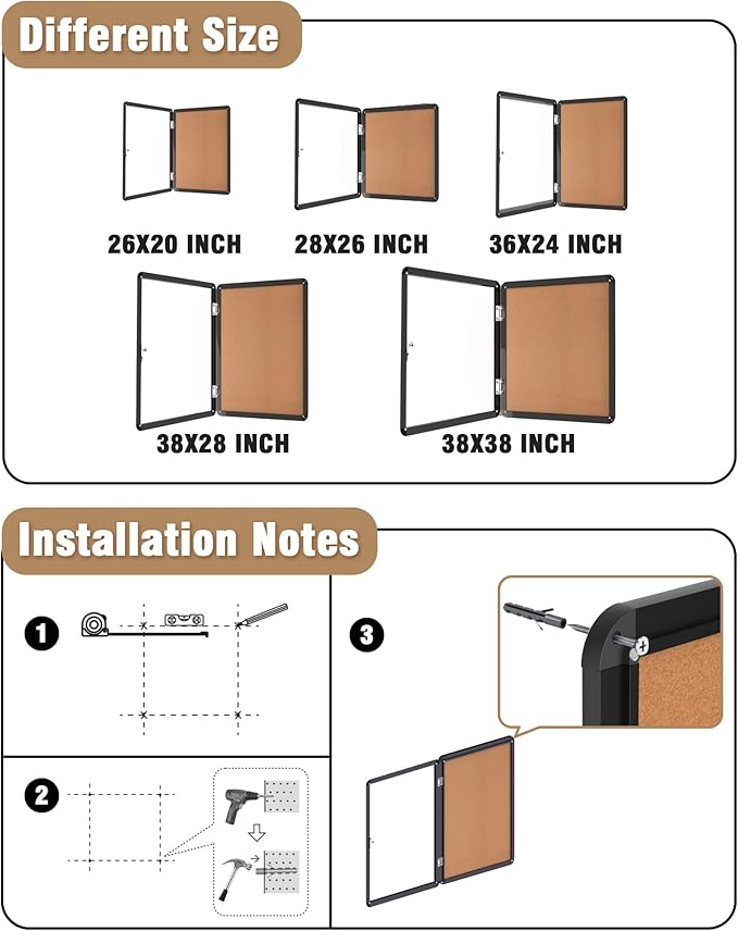 38"x38" Enclosed Bulletin Board, Lockable Weather-Resistant Aluminum Cork Noticeboard for School & Office, Black Frame w/Cork