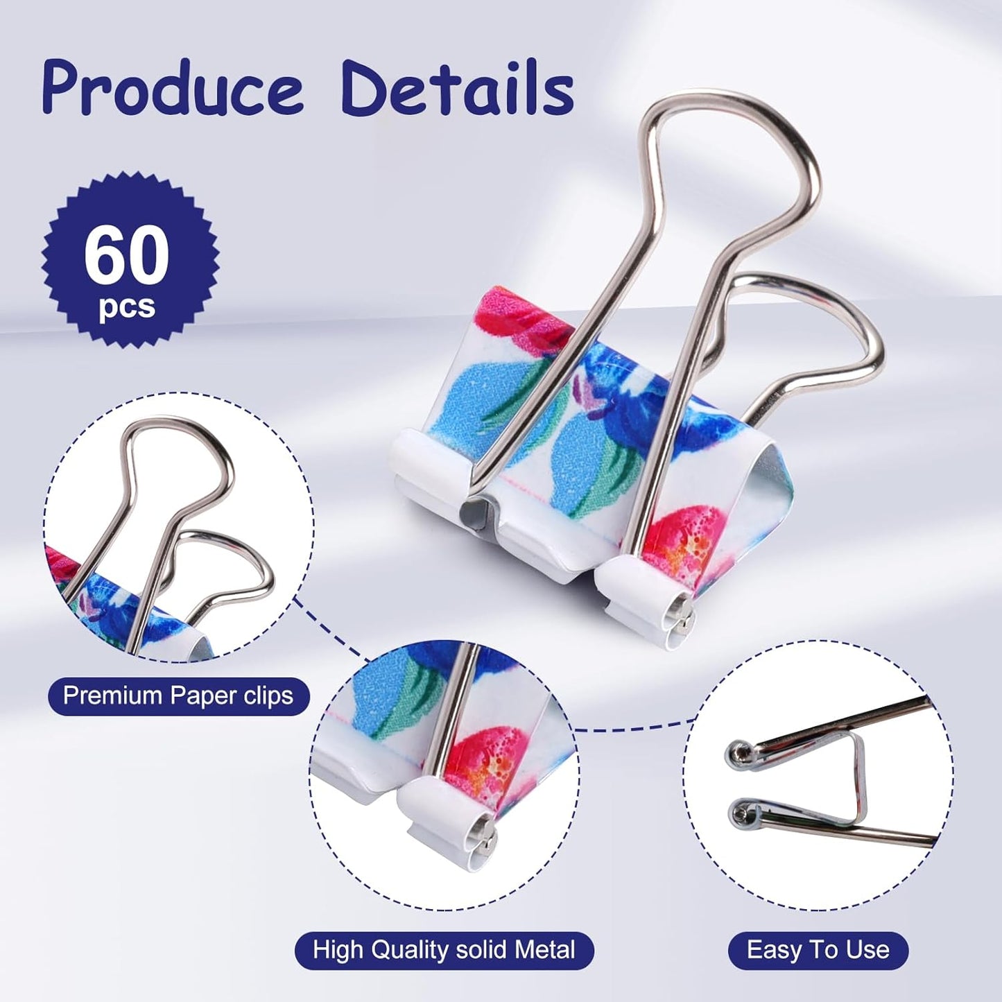 Ufmarine 60 Pcs Small Binder Clips3/4 Inch, Floral Cute Binder Clips, Small Paper Clips for Office, Standard Size