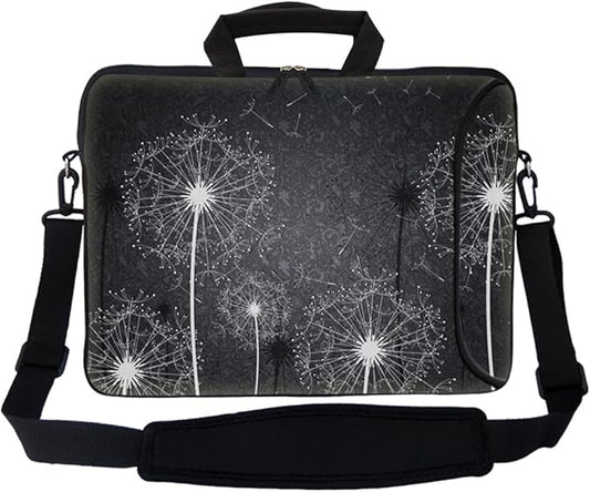 Meffort Inc 17 Inch Neoprene Laptop Bag with Extra Side Pocket, Soft Carrying Handle & Removable Shoulder Strap Fit 16" to 17.3" Size - Black White Dandelion