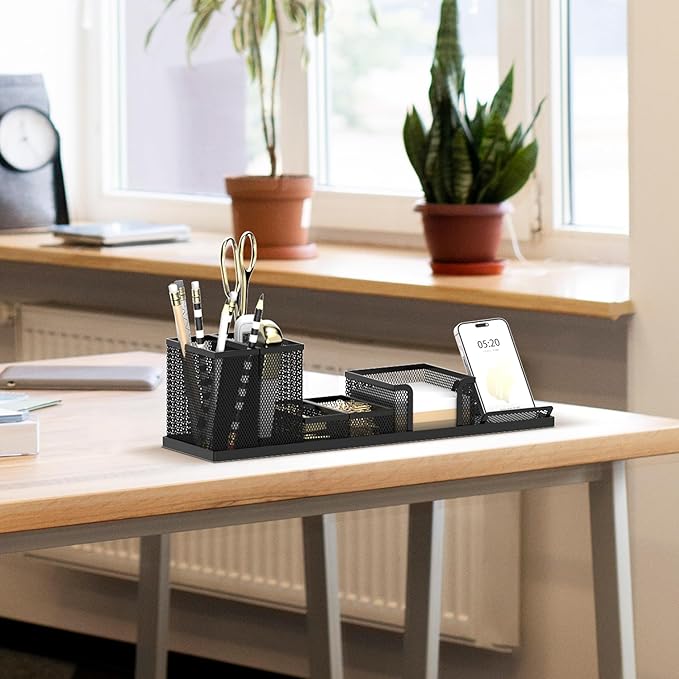 SUPEASY Pen Holder for Desk, 6 Piece Mesh Desk Organizer set, Desk Accessories for Office Organization with Mail Organizer, Letter Phone Holder, Sticky Notes Caddy Storage, Black