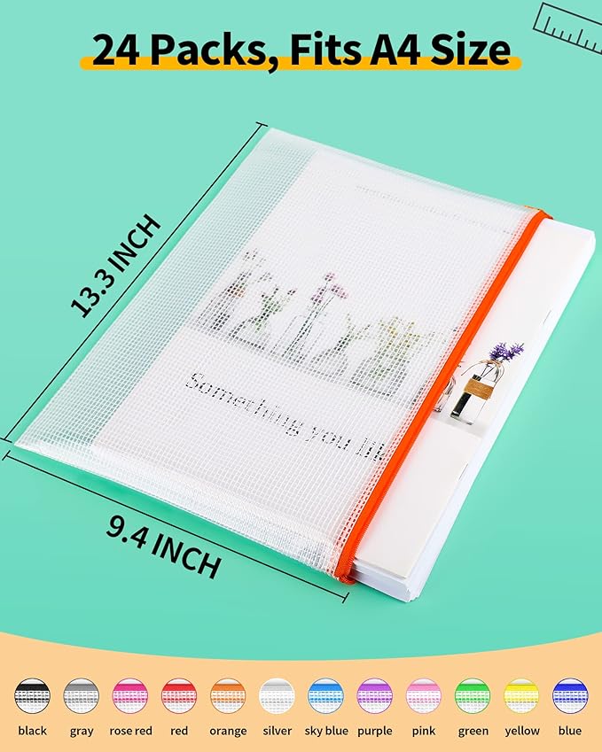 Smarpau A4/Letter Size Zipper Pouch, 24 Pack 12 Colors 13.3" x 9.4" Plastic Zipper Bags for Organizing, Multipurpose Waterproof Mesh Zipper Pouches for Travel, Office, Home Storage