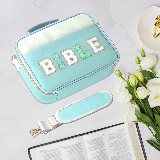 WOBANGEM Bible Cover Case for Women,Large Leather Bible Cases Christian Gifts for Women Men Girls,Preppy Chenille Letter Bible Bag with Shoulder Strap,Green Bible Purse Bible Carrying Case for Women
