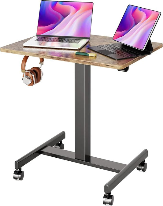 Mobile Standing Desk, Small Rolling Standing Desk, Mobile Desk Workstation with Wheels, Pneumatic Mobile Laptop Desk for Home Office with Hook, Rustic Brown