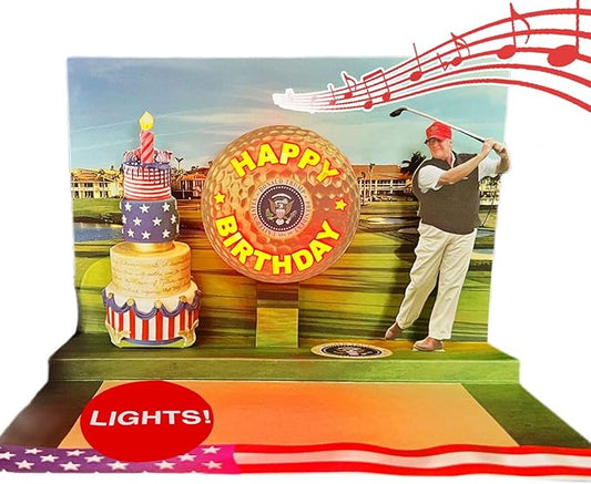 OUR FRIENDLY FOREST Pop Up Birthday Card with Light & Sound Features Real Donald Trump Voice Message for Men and Women, Parents, Couples (Golf)