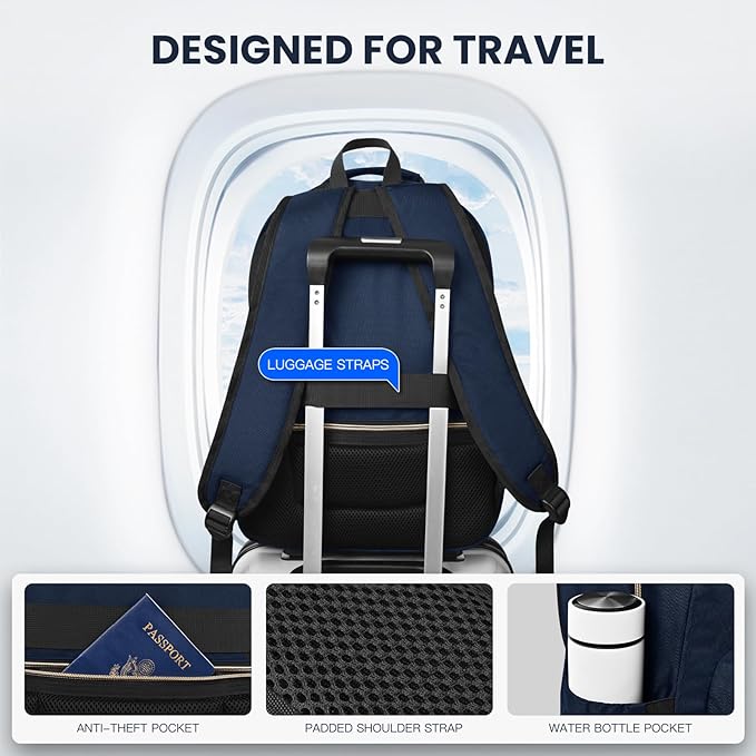 Travel Laptop Backpack for women, Work Backpack Woman with USB Charging Port, Water Resistant College Backpack, Stylish Quilted Girls Backpack Casual Daypack for 15.6 Inch Laptop, Navy