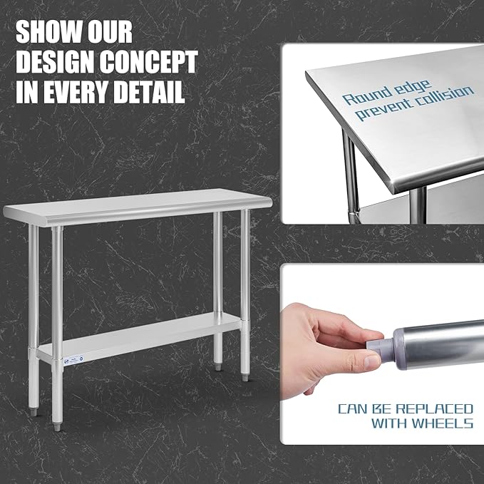 Hally Stainless Steel Table for Prep & Work 14 x 48 Inches, NSF Commercial Heavy Duty Table with Undershelf and Galvanized Legs for Restaurant, Home and Hotel
