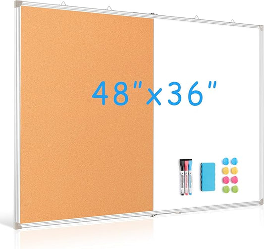 DOLLAR BOSS Foldable Cork Board White Board Combo 48 x 36 Inch Extra Large Magnetic Whiteboard Dry Erase Bulletin Board Portable Double Sided Aluminum Frame Pin Board Back to School Supplies