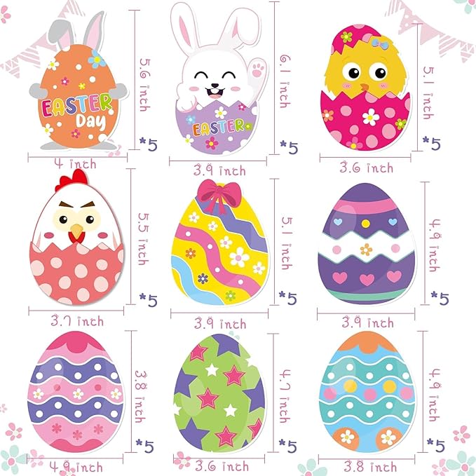BeYumi 45Pcs Easter Egg Cutouts Bulletin Board Decoration Set Colorful Bunny Chick Decals Stickers DIY Cardstock Paper Cutout Happy Easter Egg Hunt Game Party Supplies Decor for Classroom Bedroom