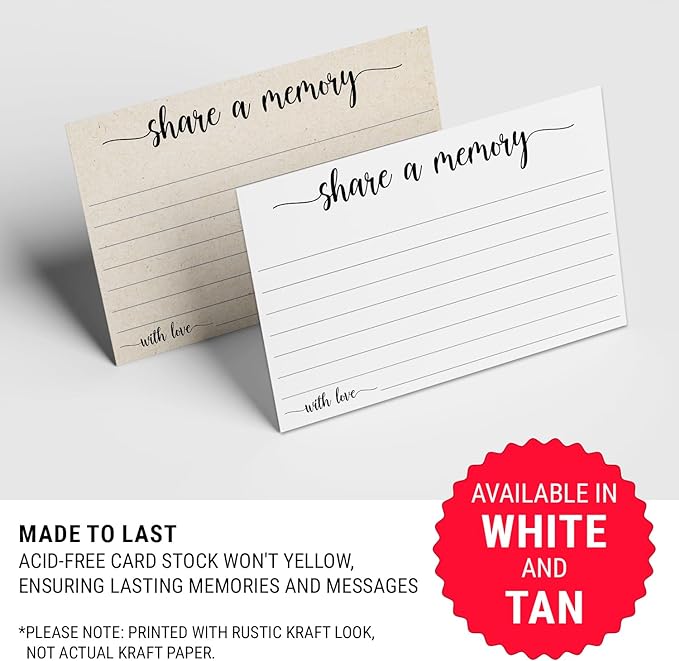 321Done Share a Memory Card, Made in USA - 4x6 Kraft Tan, for Celebration of Life, Birthday, Anniversary, Memorial, Funeral, Graduation, Bridal Shower Game - Set of 50