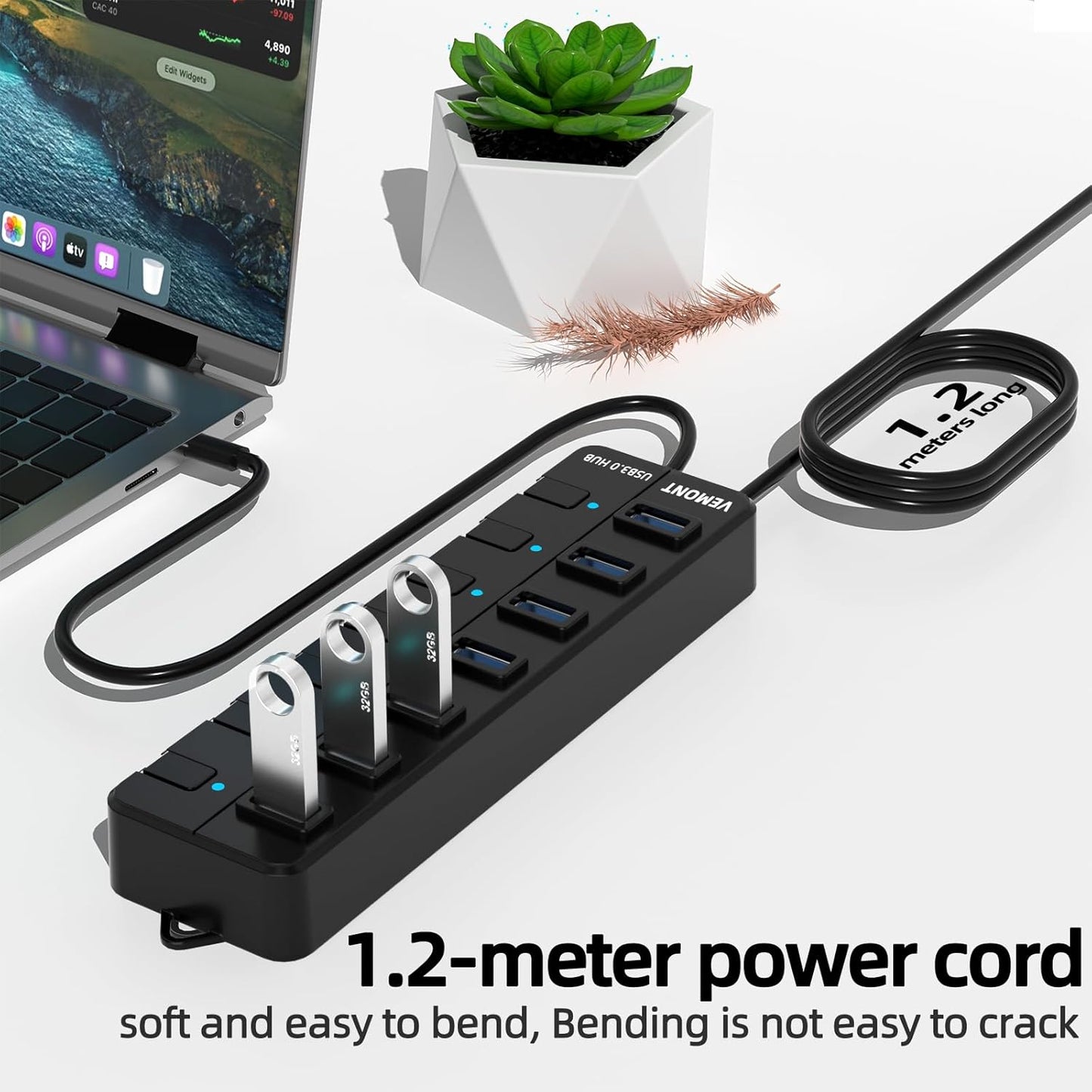 USB hub,7 Port USB 3.0 Hub,VEMONT USB Splitter with Individual On/Off Switches and Lights, 4ft/1.2m USB HUB Long Cable, USB Extension for Laptop and PC Computer