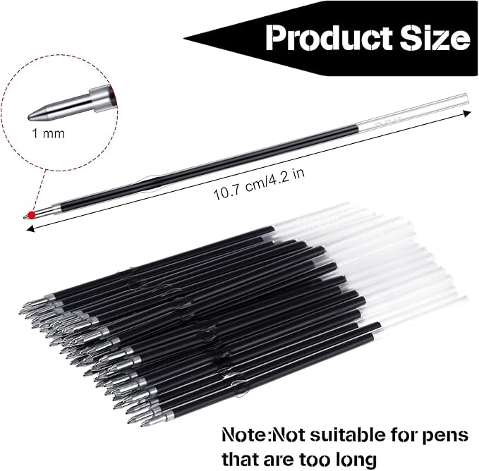Retractable Ballpoint Pen Refills 30 Pieces 1mm, 4.2 Inch Black Ink Refills Smooth Writing for Click Pens Journal Writing, School and Office Suppliers