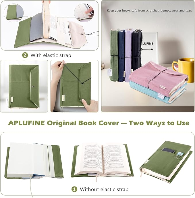Canvas Book Covers, Washable Book Protector, Book Cover for Paperback Novels, Adjustable Book Cover for Hardcover with Pockets for Pen, Soft Cover Books, Book Lovers Gifts