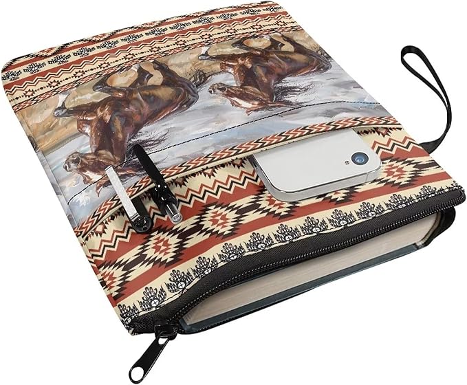 COEQINE Western Horse Book Cover Case Zipper With Pen Holder Pocket Portable Book Organizer Pouch With Pocket For Portable Read Book Dust Cover With Chain