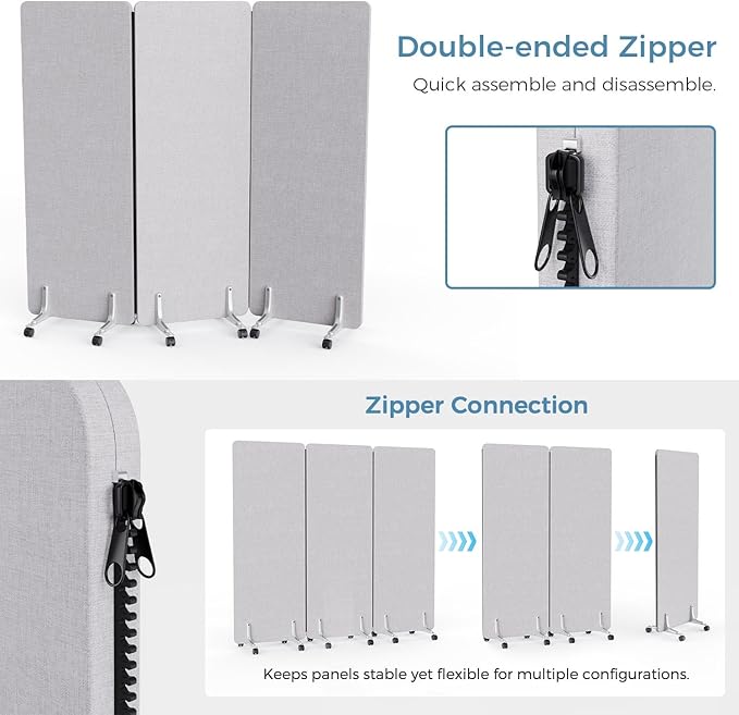 70.8" W x 63" H Freestanding Partition Room Dividers, Acoustic Panels with Wheels, 3 Soundproof Privacy Panels for Office, Reception Room, School, Hospital, Light Grey