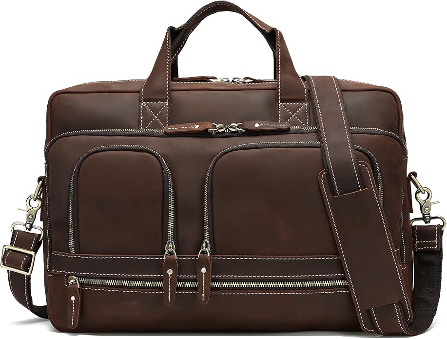 Full Grain 17.3" Leather Briefcase Messenger Laptop Bag For Men