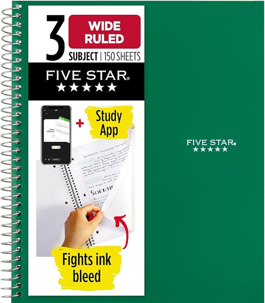 Five Star Spiral Notebook + Study App, 3 Subject, Wide Ruled Paper, 150 Sheets, 10-1/2" x 8" Sheet Size, Forest Green (73176)