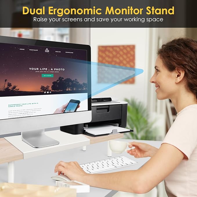 Dual-Monitor-Stand-Riser-For-Desk Adjustable Length 32-40 Inch，Large Desktop Computer Monitor Riser For 2 Screens，Desk Shelf Organizer Riser Stand For Computer/Laptop/PC/Printer/TV Maple