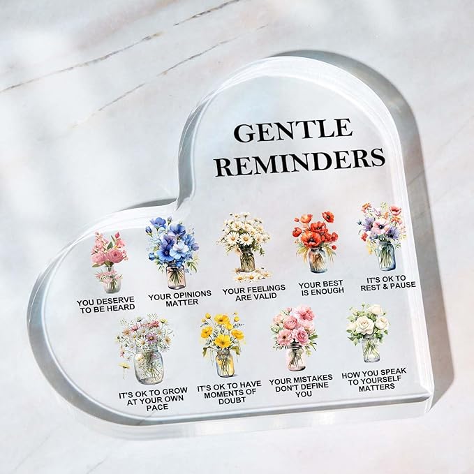 Gentle Reminders Decor, Positive Affirmations Desktop Art Decorations for Home Therapy Office School Counselling Office Mental Health Awareness Gifts, Heart Shape Acrylic Flowers Sign Decor