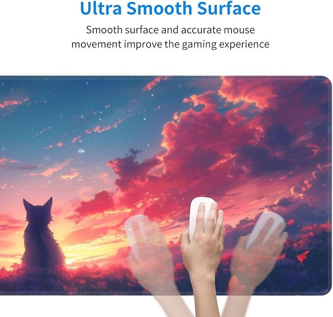 Gaming Mouse Pad Desk Pad,Extended Big Mouse Pad,31.5x11.8 Inch Long Computer Keyboard Mouse Mat Mousepad with 3mm Non-Slip Base and Stitched Edge for Gaming and Office… (Sunset Cat)
