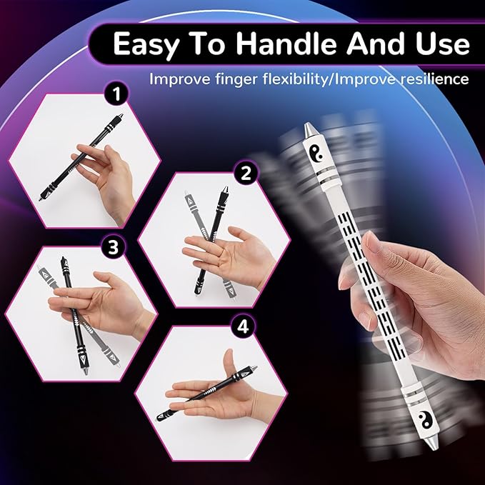 2 Colors Pen Spinning with Silicone Bracelet, Metal Heads Gaming Finger Pen, 8.5In Weighted Rotating Ballpoint Pen, Spinning Pen for Student Adults, No Pen Refill (Black,White)