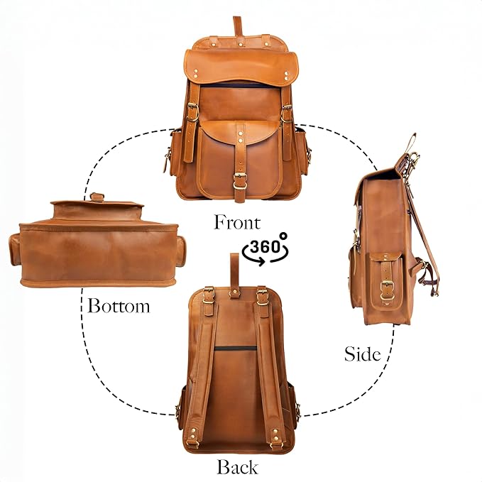 Satchel And Fable Vintage Full Grain 21 Inch Leather Laptop Large Backpack Casual Bookbag Daypack Camping Travel Rucksack Knapsack