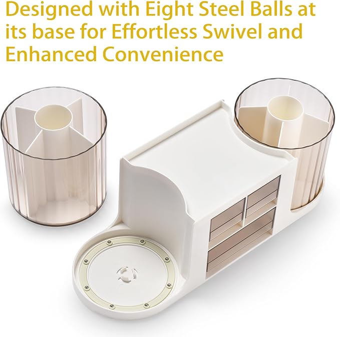 Rotating Desk Organizer with 2 Pen Holder, Desk Organizers and Accessories with 10 Slots Pencil Holder for Desk + 3 Drawer, Art Supply Storage Box Caddy for Office School Home (Light Grey)